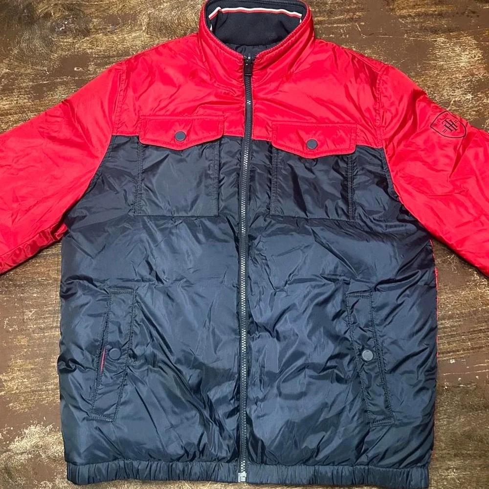 Tommy Hilfiger Mens Red Navy Colorblock Down Puffer Jacket Size M Ripstop